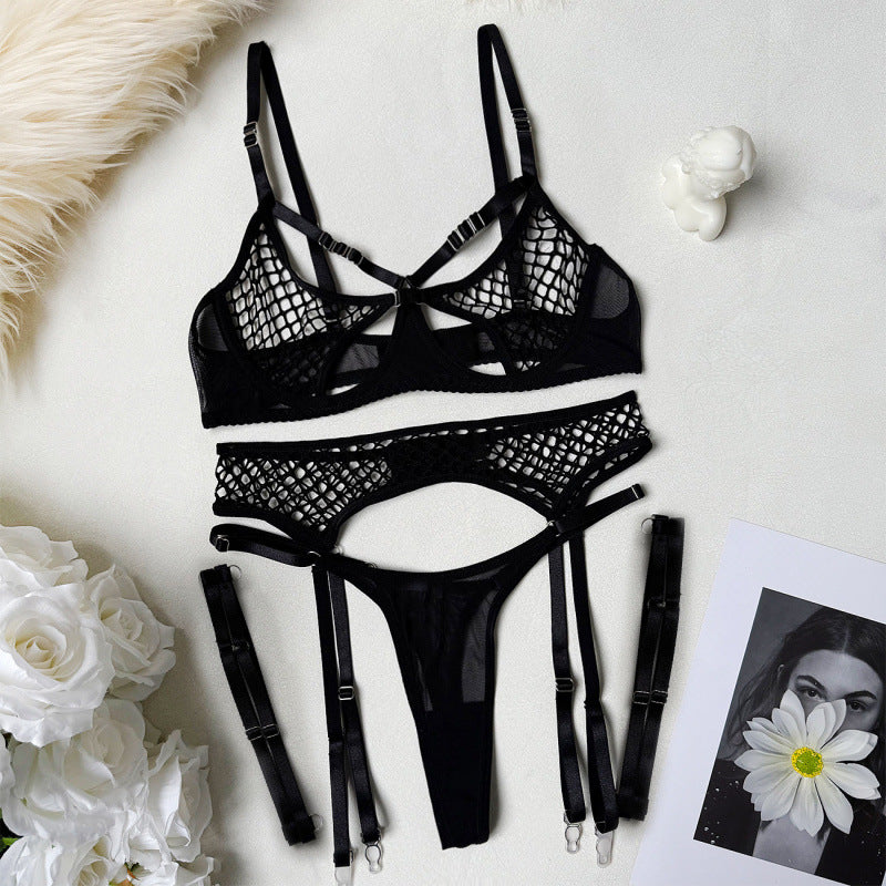 Black Fishnet 4-Piece Lingerie Set | Open Weave Bra Garter Belt Thigh Band & Long Gloves | Edgy Boudoir Set