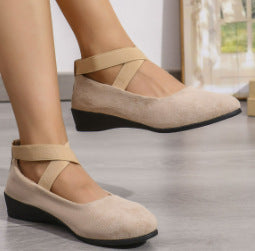 Womens Black Suede Wedge Shoes Cross Elastic Ankle Strap Closed Toe Low Heel Comfortable Slip On Pumps for Casual Office and Formal Wear