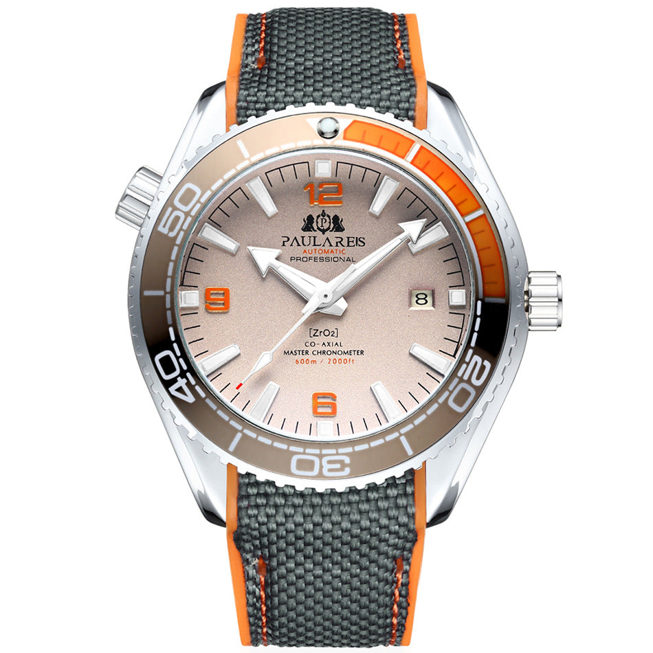 Paulares Professional Herren-Taucheruhr | Cremefarbenes Zifferblatt, orangefarbene Lünette, graues NATO-Nylonarmband, Meisterchronometer, Sportuhr 