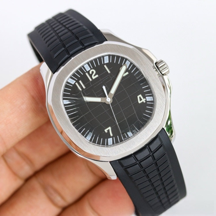 Men's Sport Luxury Watch | Black Grid Dial Stainless Steel Case Rubber Strap | Aquanaut Style Luminous Timepiece