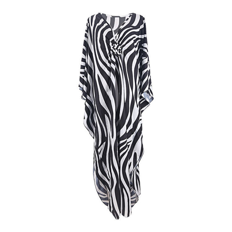 Kaftano lungo stampato da mare | Abito boho oversize con maniche a pipistrello e scollo a V | Copricostume da bagno da donna con fantasia tie-dye, zebrata o a foglie tropicali, in stili diversi