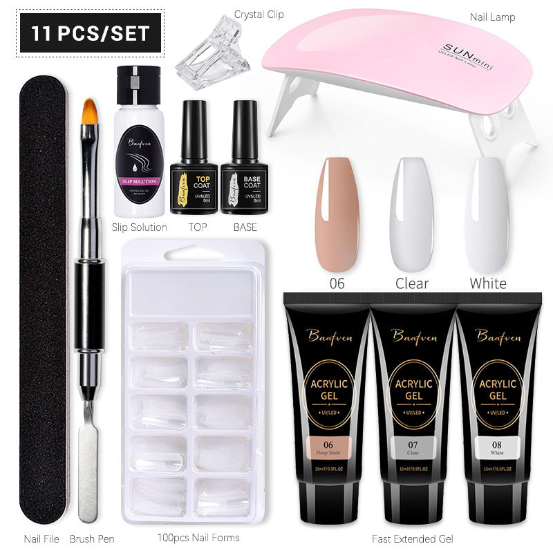 Baafven 11PCS Acrylic Gel Nail Extension Kit | Poly Gel Set with UV LED Nail Lamp, Top & Base Coat, Nail Forms & Tools