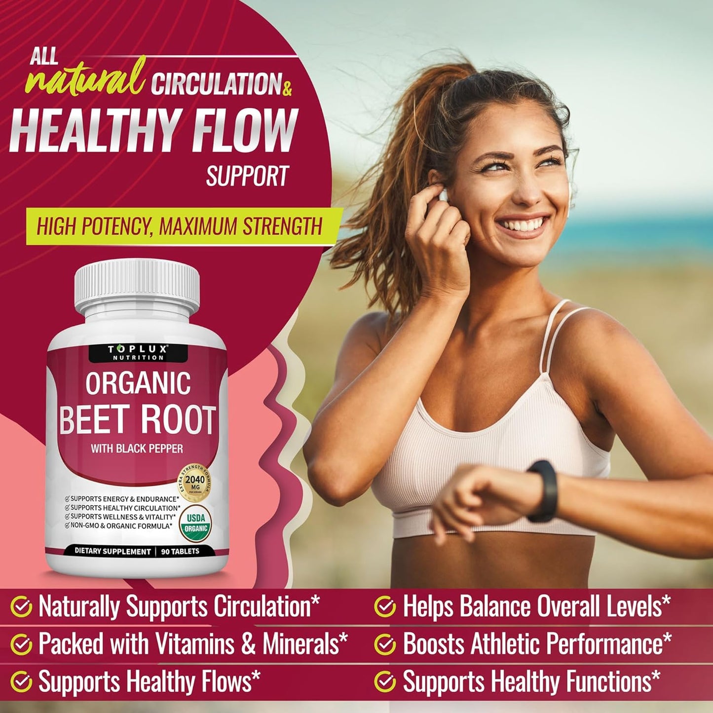 Toplux Organic Beet Root 2040mg | Energy & Antioxidant Support | USDA Organic Non-GMO | 90 Tablets