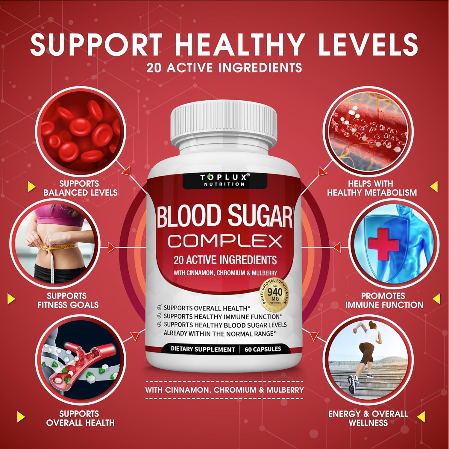 مكمل غذائي توبلكس نيوترشن Blood Sugar Complex عبوة من قطعتين | كبسولات 2 × 60 | 20 مكونًا نشطًا | القرفة والكروم والتوت