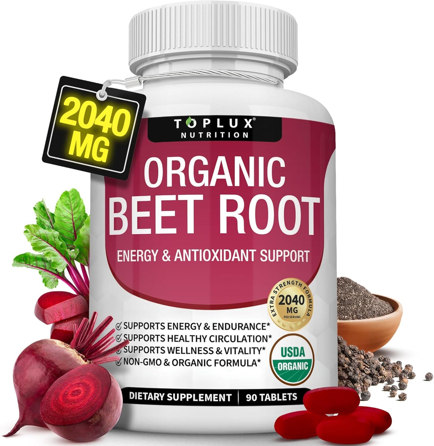 Toplux Organic Beet Root 2040mg | Energy & Antioxidant Support | USDA Organic Non-GMO | 90 Tablets