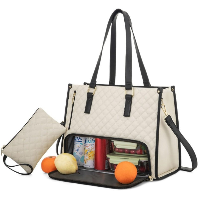 Black Quilted Insulated Lunch Tote Bag with Pouch | Large Thermal Cooler Handbag for Women | Work & Picnic Bag