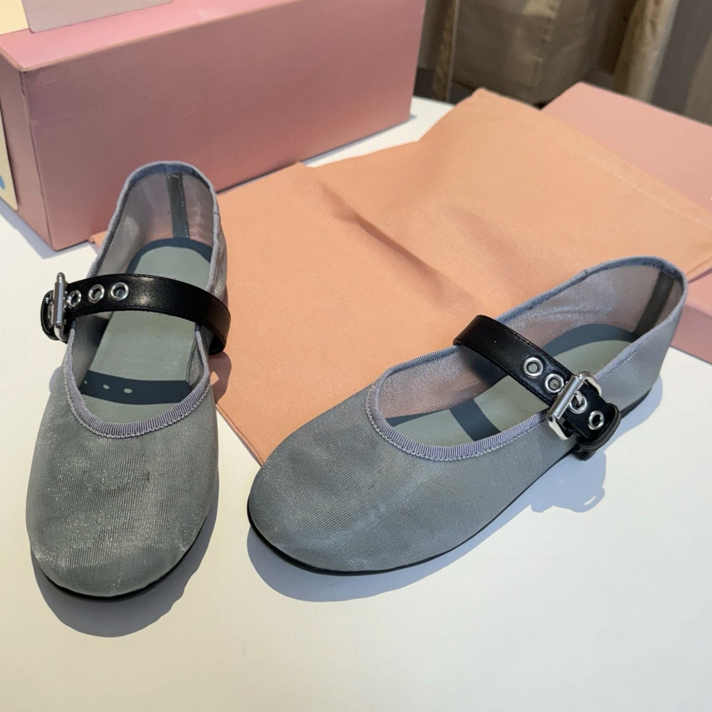 Miu Miu White Mesh Fabric Ballerinas | Buckle Strap Logo Ballet Flats for Women