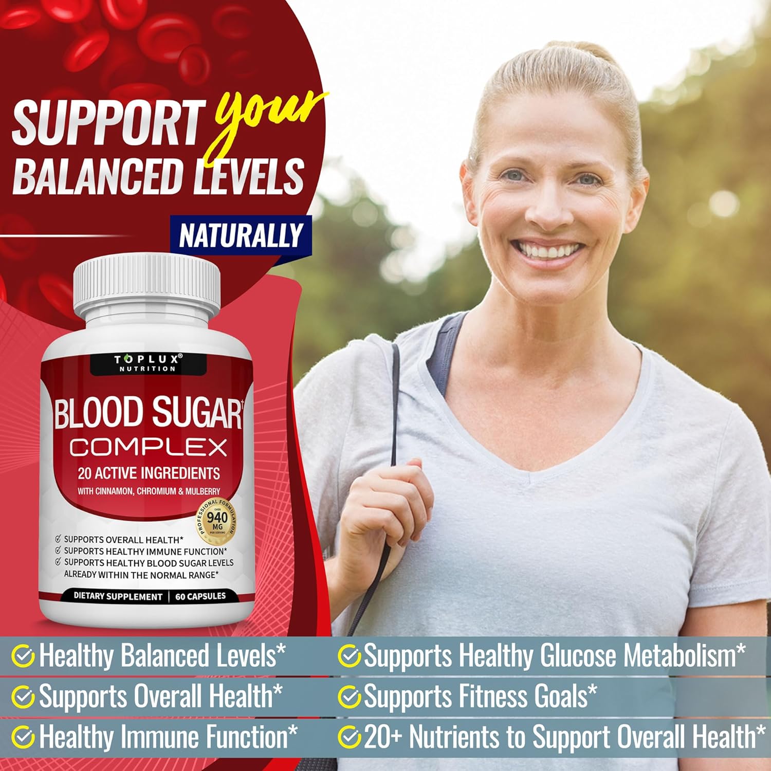 مكمل غذائي توبلكس نيوترشن Blood Sugar Complex عبوة من قطعتين | كبسولات 2 × 60 | 20 مكونًا نشطًا | القرفة والكروم والتوت
