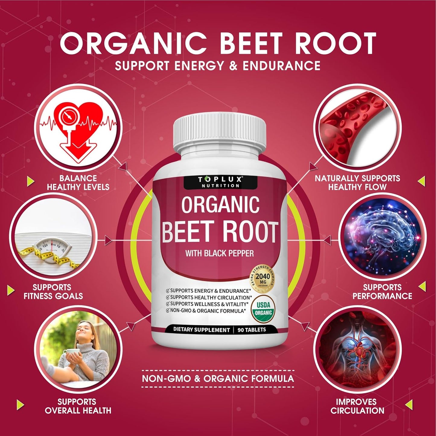 Toplux Organic Beet Root 2040mg | Energy & Antioxidant Support | USDA Organic Non-GMO | 90 Tablets