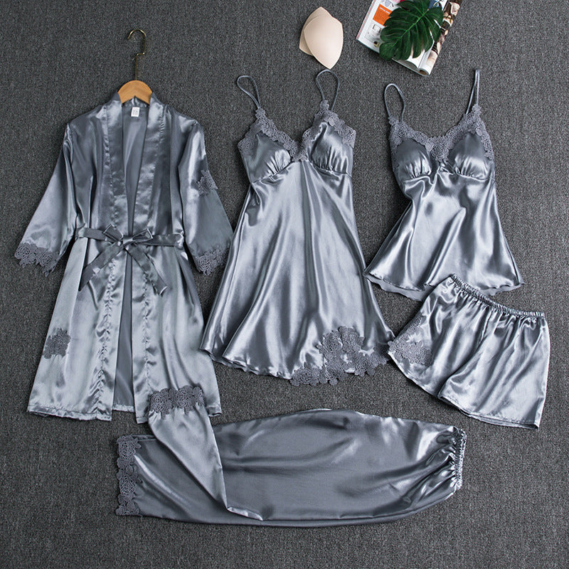 Black Satin Lace Pajama Set | 5-Piece Silk Sleepwear for Women