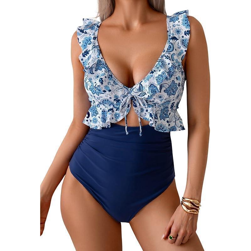 Teal Ruffle V-Neck Tie Front Cutout One Piece Swimsuit | High Waist Ruched Monokini | Women's Elegant Swimwear