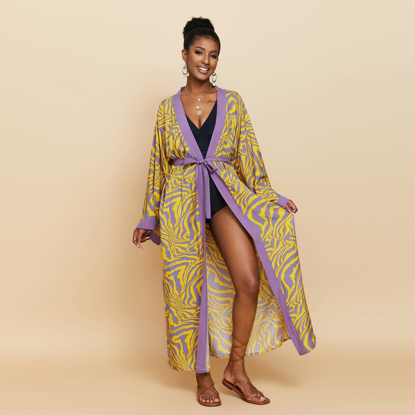 Women's Zebra Print Maxi Kimono Cover-Up | Long Belted Open Front Cardigan | Beach Pool Swimsuit Cover Up ? Black & White Animal Print
