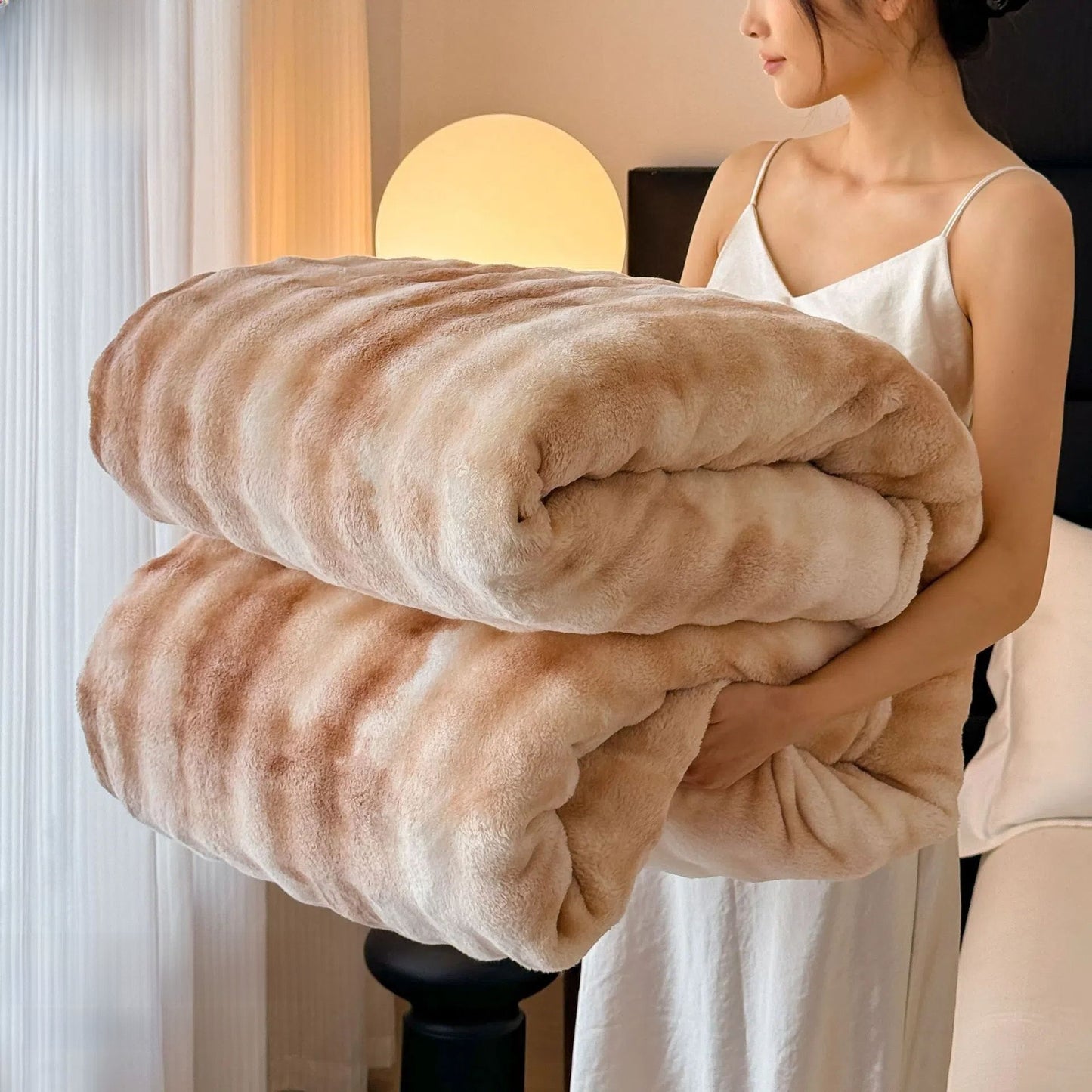 Coperta in pile soffice a righe crema | Plaid in peluche ultra morbido per letto e divano | Calda coperta invernale