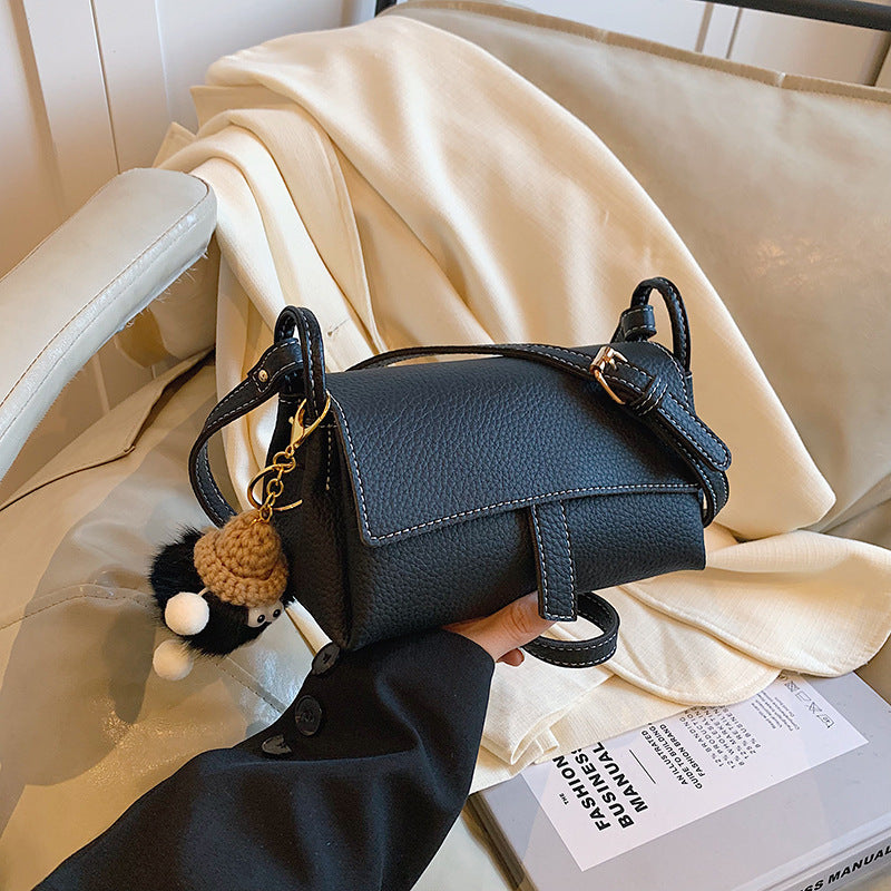 Taupe Brown Leather Crossbody Bag - Structured Flap Bag with Braided Strap & Hedgehog Charm | Small Shoulder Bag