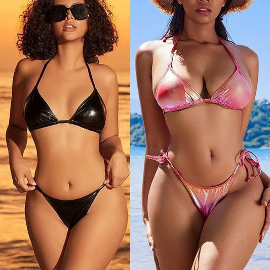 Black Metallic Wet Look Bikini Set, Triangle Halter Top & Tie Side Thong Bottom, Women Shiny Vinyl Faux Leather Swimwear, Sexy Glossy Beach Swimsuit, Rave Festival Bathing Suit