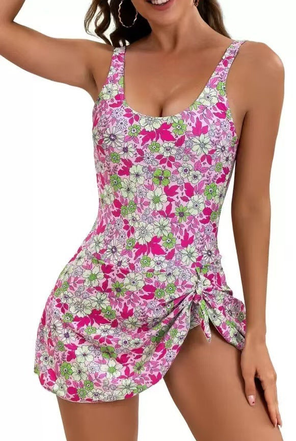 Black Swim Dress | One Piece Swimsuit with Side Tie Skirt | Women's Beach Swimwear