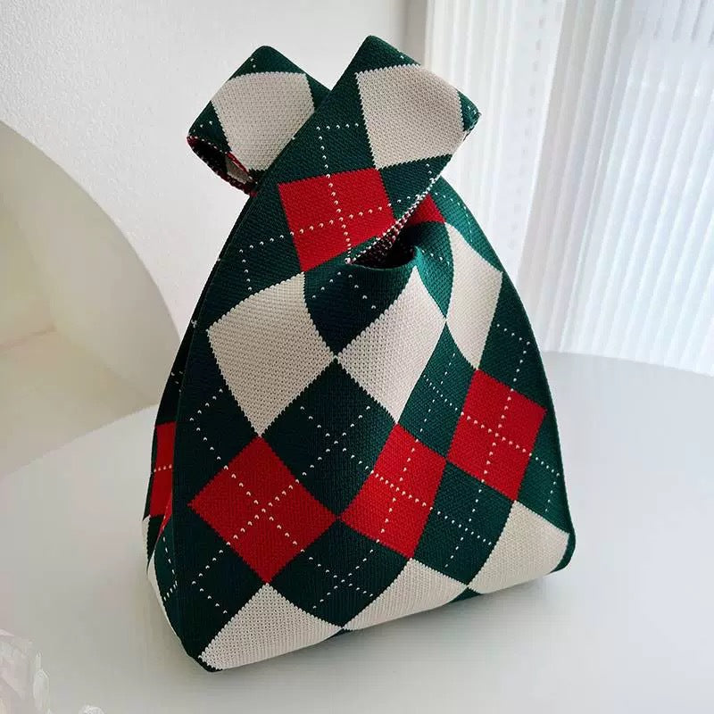 Black & White Geometric Knit Tote Bag | Aztec Pattern Wrist Handle Handbag | Boho Crochet Style Women's Bag