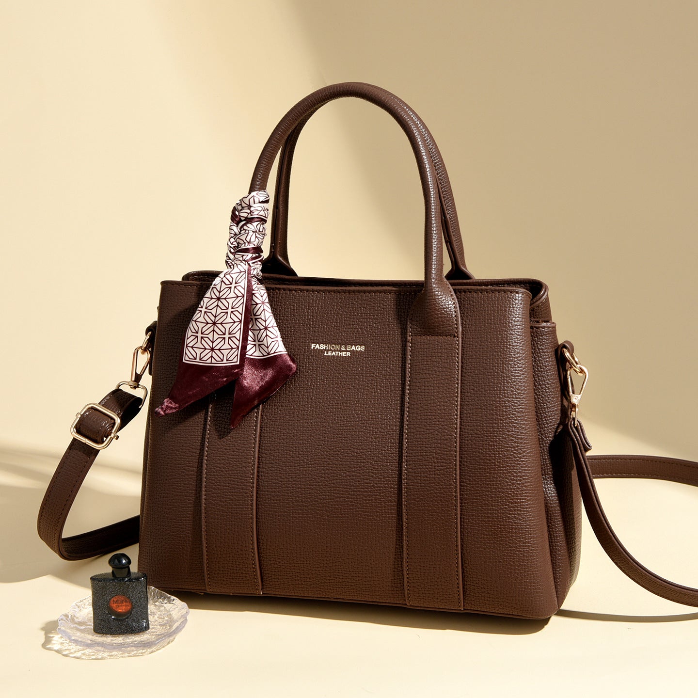 Black Leather Tote Handbag Women | Structured Shoulder Bag Crossbody Satchel with Scarf Detail Gold Hardware