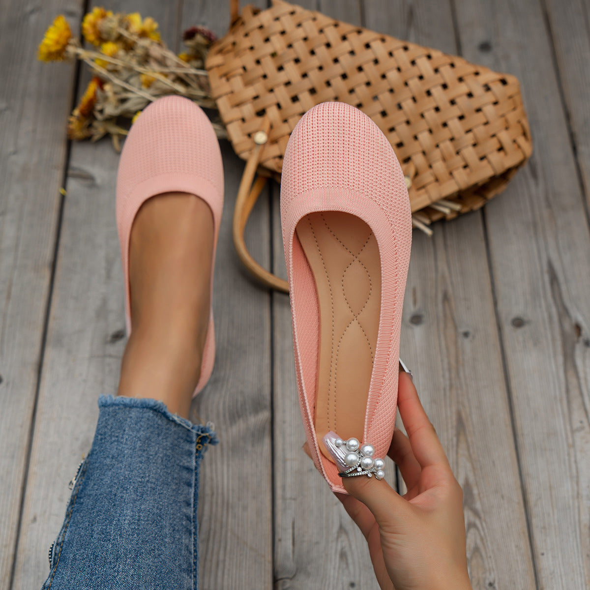 Black Knit Ballet Flats for Women | Slip-On Comfort Flat Shoes | Breathable Stretch Walking Flats