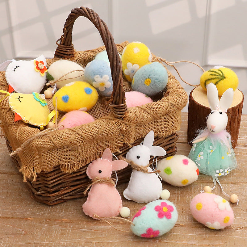 Felt Wool Easter Ornament Set 6pc | Handmade Chick Bee & Flower Egg Hanging Decorations | Spring Tree & Home Decor