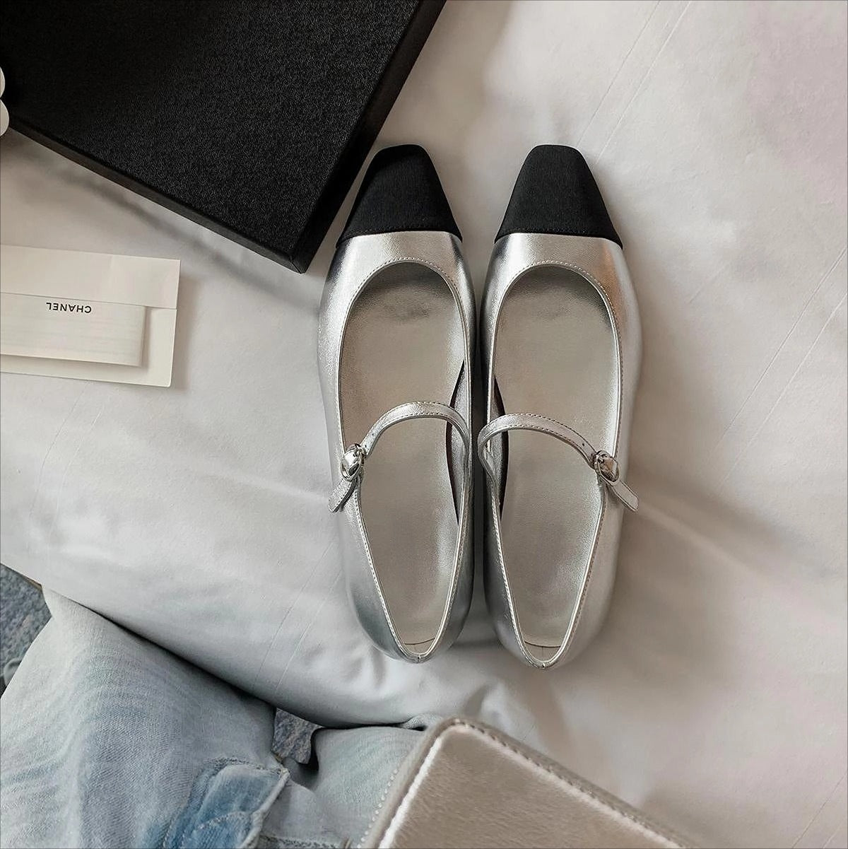 Silver Metallic Black Cap Toe Mary Jane Ballet Flats | Two-Tone Buckle Strap Pointed Flat Shoes for Women