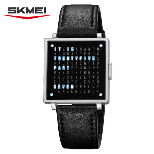 SKMEI Word Clock Watch | Unique Text Display Square Dial Leather Strap | Creative Novelty Quartz Watch for Men & Women
