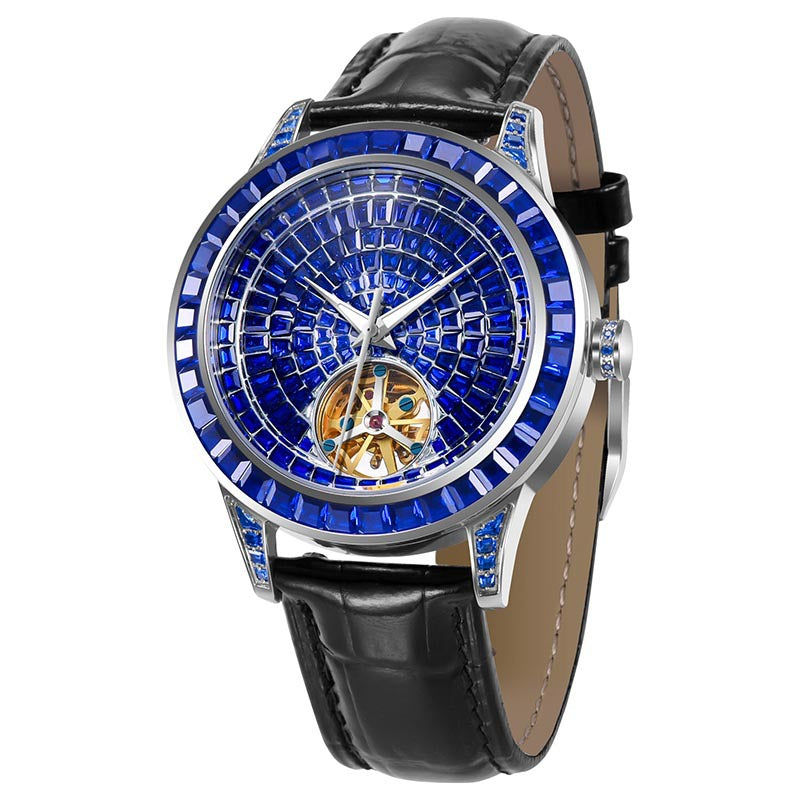 Black Tourbillon Automatic Mechanical Watch Crystal Bezel 3D Textured Dial Black Leather Strap | Men Luxury Skeleton Gold Movement Dress Wrist Watch