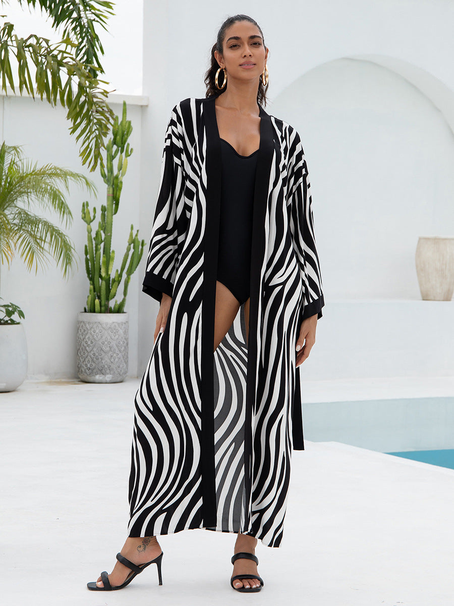 Women's Zebra Print Maxi Kimono Cover-Up | Long Belted Open Front Cardigan | Beach Pool Swimsuit Cover Up ? Black & White Animal Print
