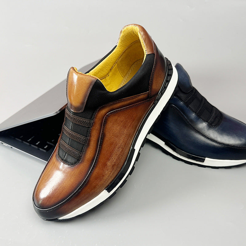 Men's Luxury Leather Slip-On Sneakers | Cognac Patina Casual Shoes with Elastic Band & Suede Detail | Premium Handcrafted Loafer Sneakers