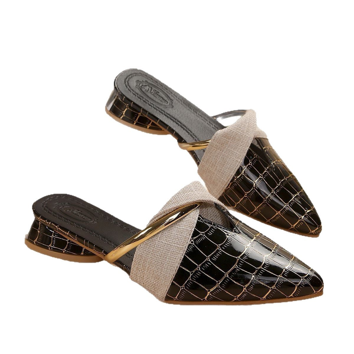 Croc Embossed Pointed Toe Mule Flats | Beige Gold Ring Slip-On Flat Shoes | Women's Luxury Casual Backless Loafer Mules