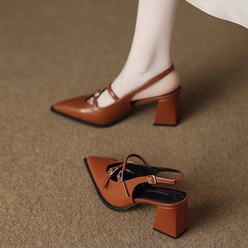 Black Leather Double Buckle Strap Pointed Toe Slingback Block Heel Pumps | Women's Mary Jane Style Mid Heel Shoes