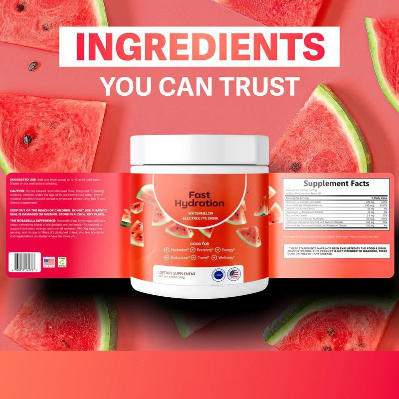 Fast Hydration Electrolyte Drink Powder | 6 Key Electrolytes | Zero Sugar | 30 Servings - Watermelon, Lemon Lime & Orange