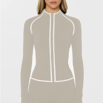 Giacca sportiva da donna nera aderente con cerniera ? Giacca da atletica con bordo bianco a contrasto e fori per i pollici | Palestra, Yoga e Corsa