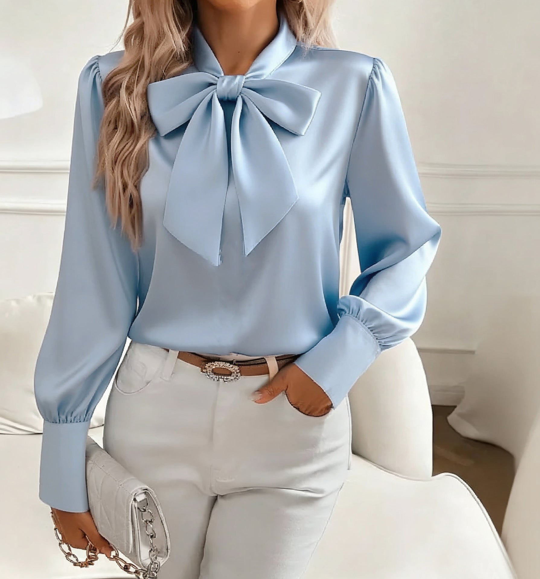 Womens Black Satin Bow Tie Neck Blouse Elegant Long Sleeve Puff Shoulder Silk Like Top for Office Work Party and Formal Occasions