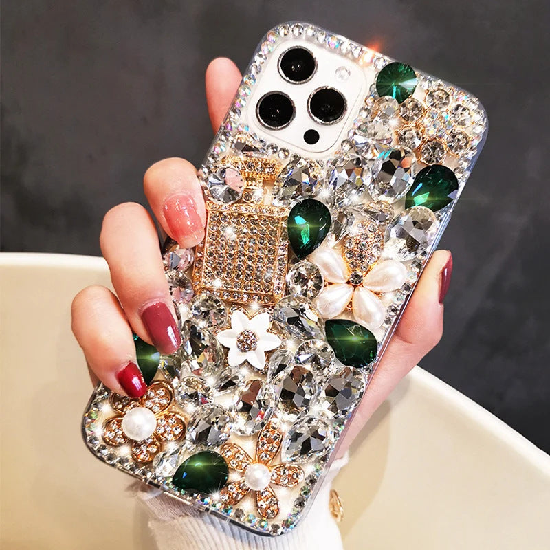 Luxury Bling Rhinestone Phone Case with Red Crystal Gems, Pearl Flowers & Perfume Bottle Design | Glitter Diamond Cover for iPhone
