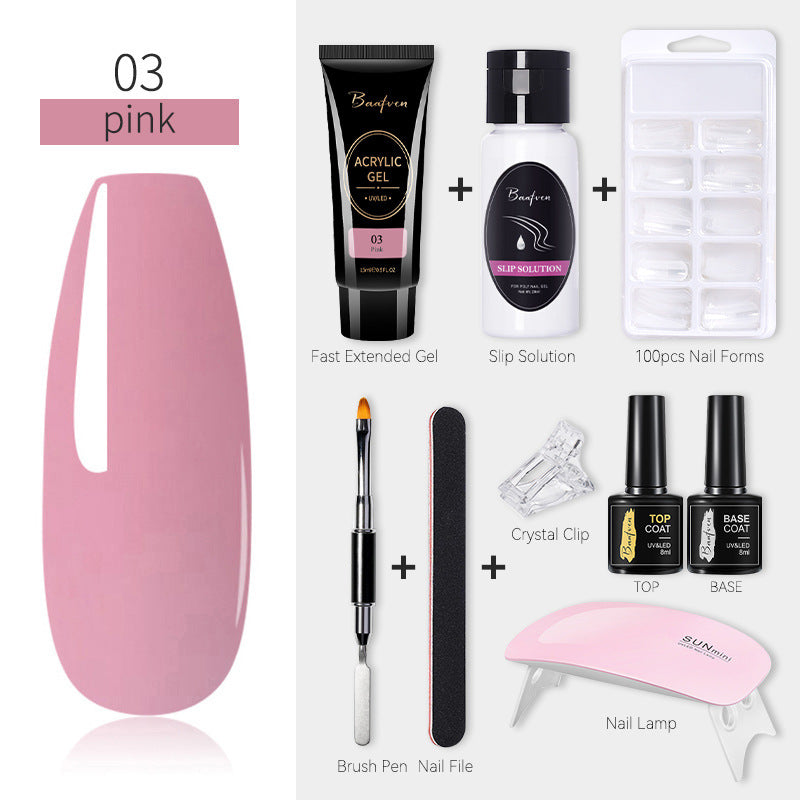 Baafven 11PCS Acrylic Gel Nail Extension Kit | Poly Gel Set with UV LED Nail Lamp, Top & Base Coat, Nail Forms & Tools
