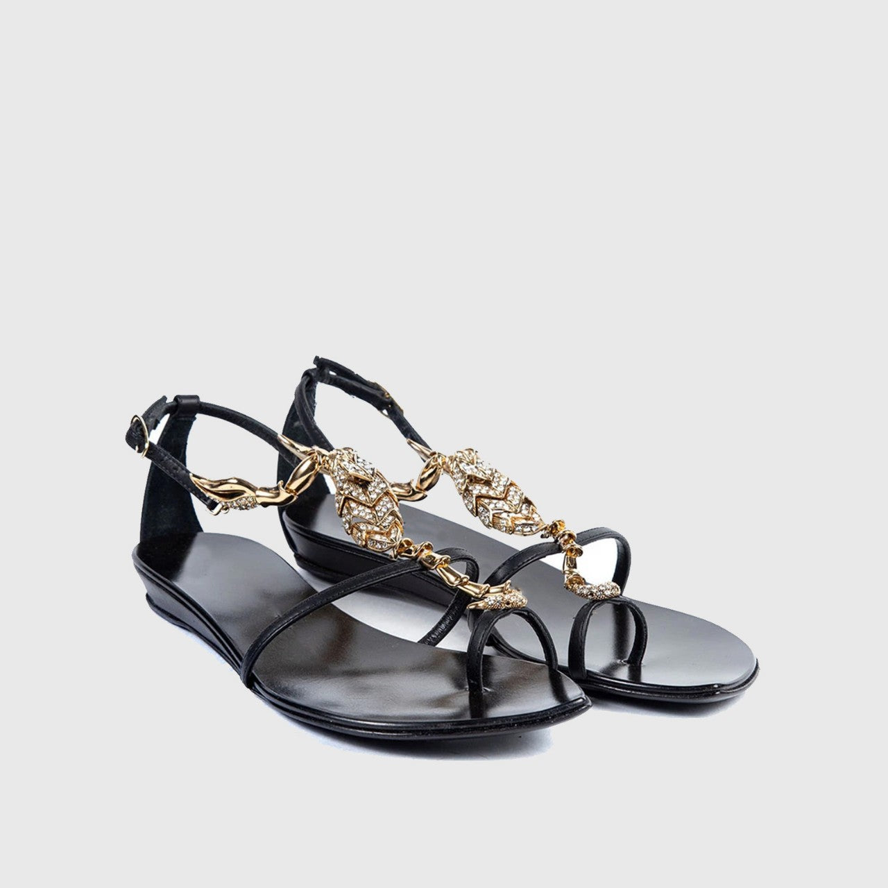 Black Leather Gold Crystal Rhinestone Flame Serpent T-Bar Stiletto Sandals with Slingback Buckle | Luxury Designer Evening Heels for Women
