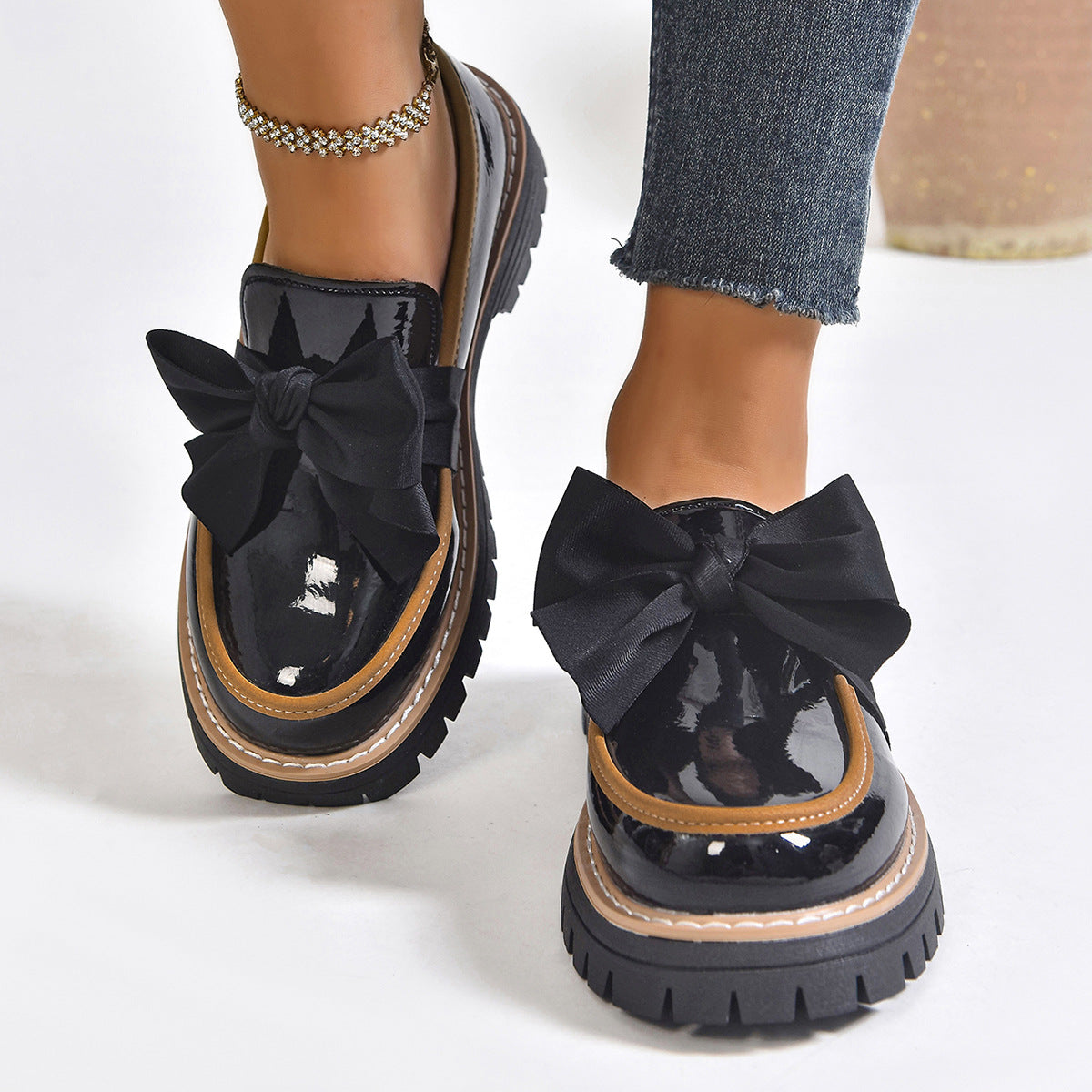 Women's Green Patent Leather Bow Platform Loafers ? Chunky Lug Sole Slip-On Shoes with Ribbon Bow Detail