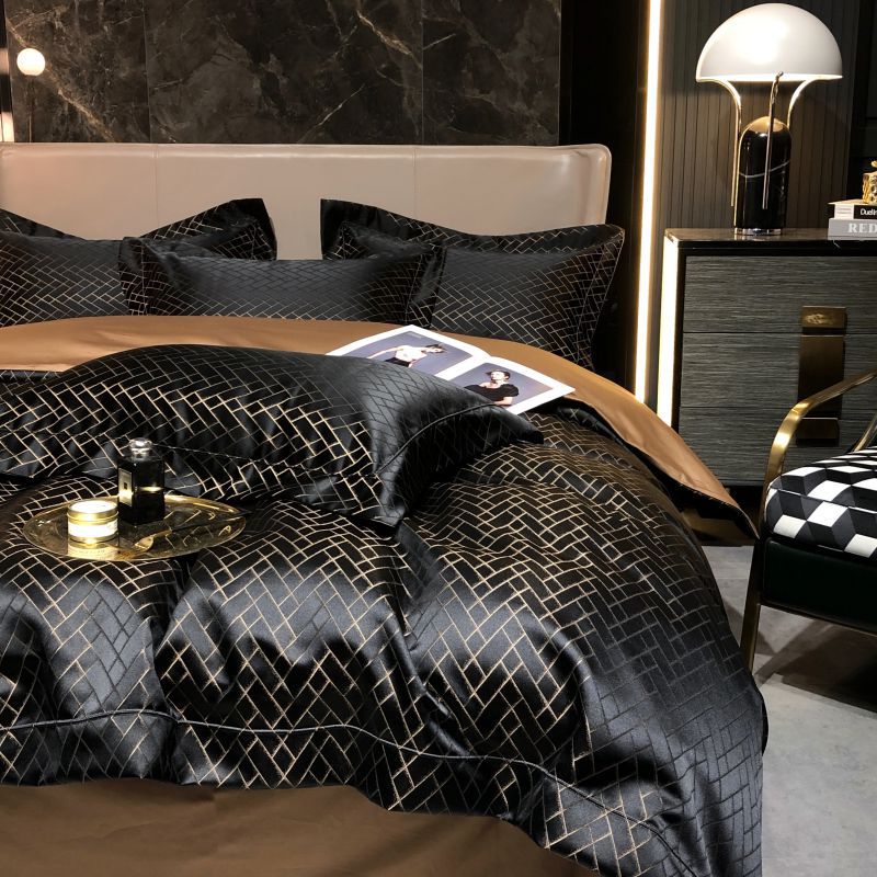 Luxury Black Gold Jacquard Satin Bedding Set, Silky Smooth Duvet Cover with Pillowcases for King Queen Bed
