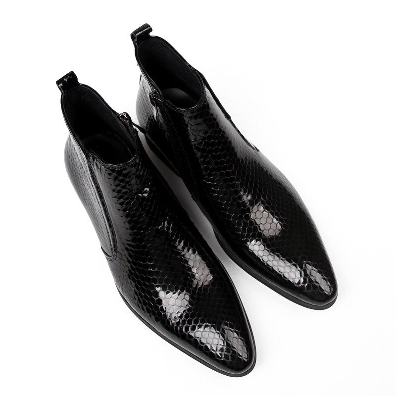 Men's Black Snakeskin Embossed Patent Leather Chelsea Boots