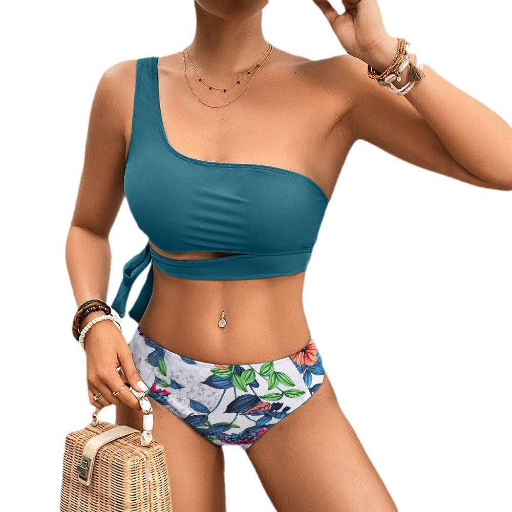 Olive Green One Shoulder Bikini Set, Wrap Tie Crop Top & High Waist Bottom, Women Solid Asymmetric Swimwear, Chic Resort Beach Swimsuit, Sage Green Two Piece Bathing Suit