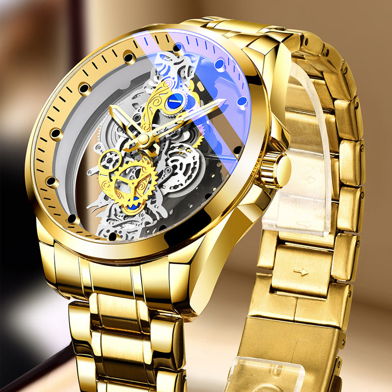 Men's Skeleton Automatic Mechanical Watch | Hollow Tourbillon Gold Gear Stainless Steel | Blue Accent Luxury Timepiece