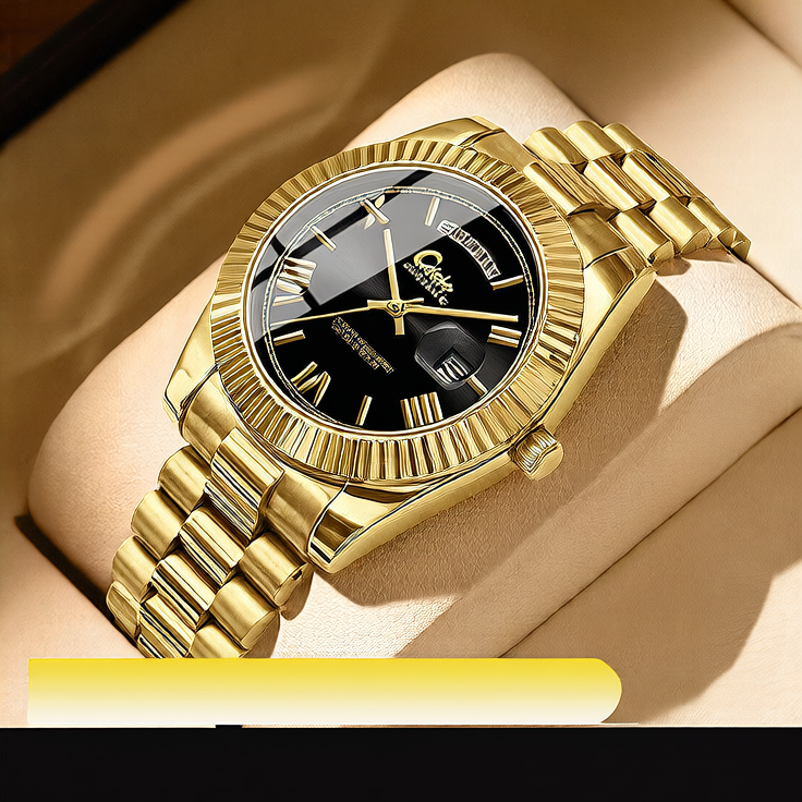 Carsikie Arabic Numeral Watch Men | Black Sunray Dial | Fluted Bezel President Style | Day Date Silver Stainless Steel Watch