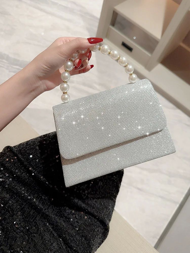 Silver Crystal Rhinestone Evening Clutch Bag with Pearl Handle - Women's Sparkly Wedding Party Purse - Elegant Formal Handbag for Prom, Bridal, Cocktail Events