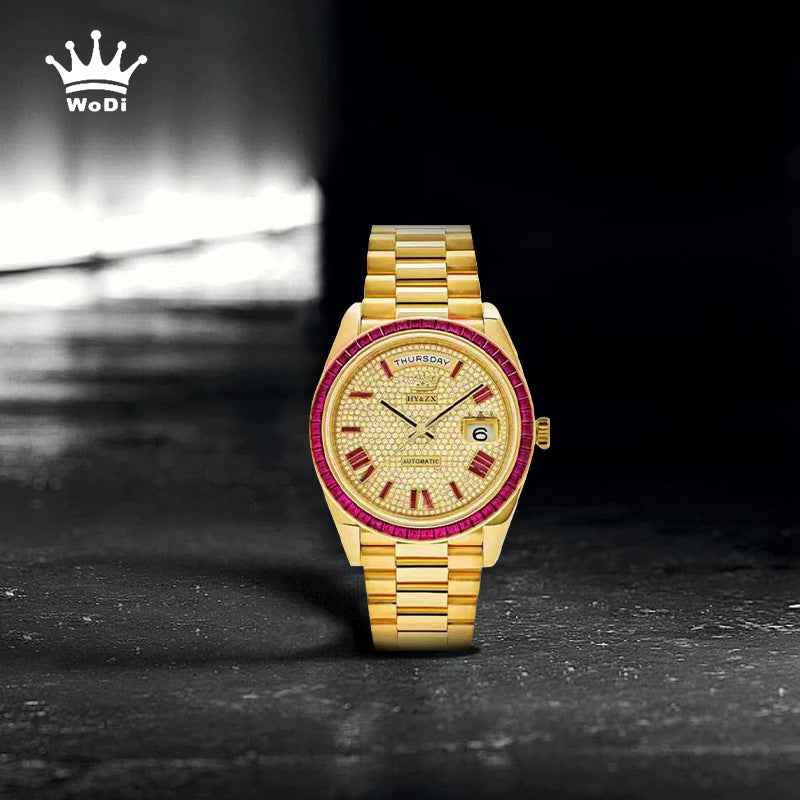 HY&ZX Automatic Gold Watch | Diamond Paved Dial Ruby Baguette Bezel | Day Date Presidential Bracelet Men's Luxury Watch