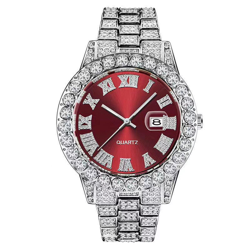 Iced Out Silver Watch | Green Sunburst Dial Diamond Roman Numerals | Full Crystal Bezel & Bracelet Mens Hip Hop Quartz Watch