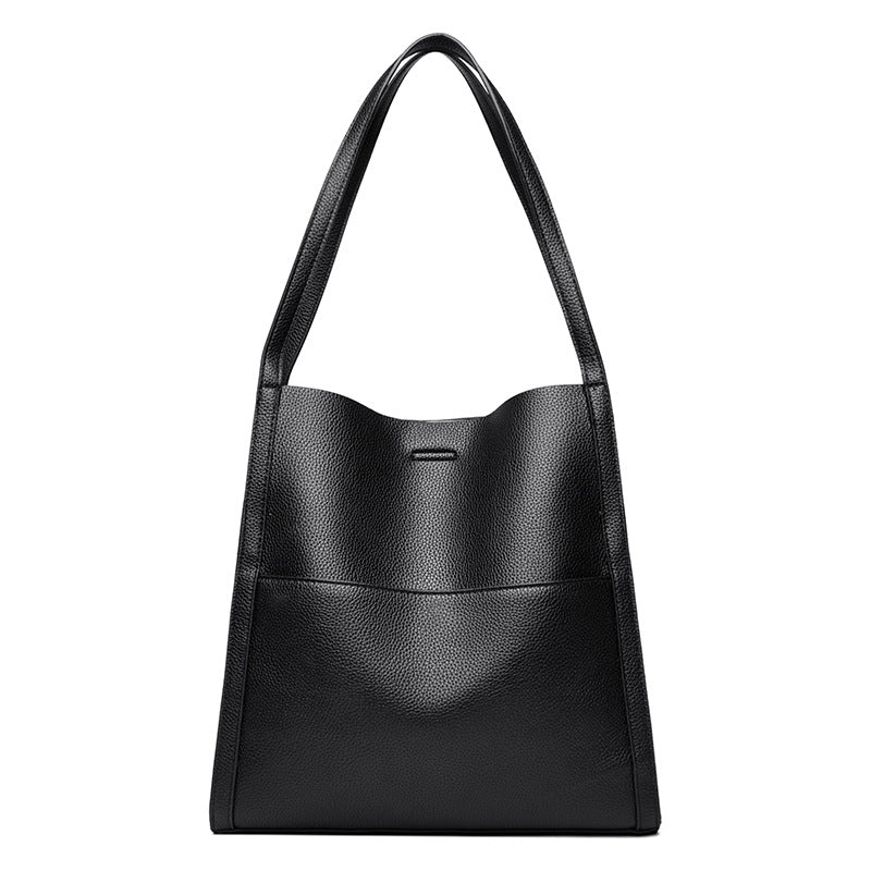 Black Leather Tote Bag with Front Slip Pocket | Minimalist Shoulder Bag