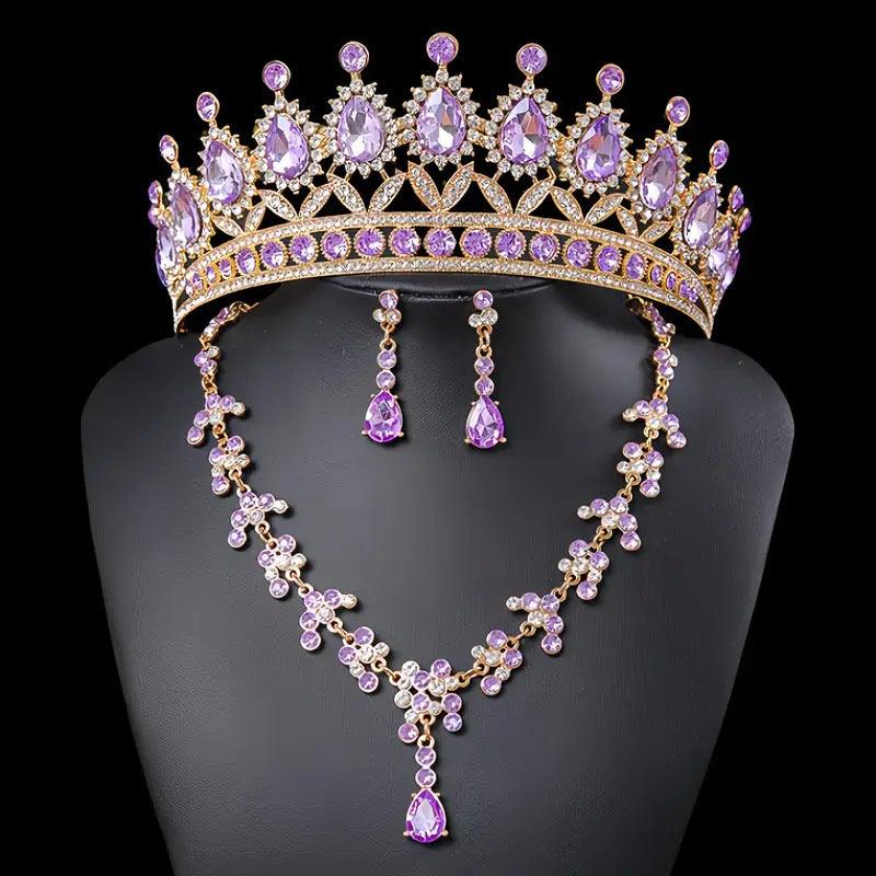 Bridal Crown Jewelry Set | Crystal Tiara Necklace & Earrings | Wedding Queen Accessories