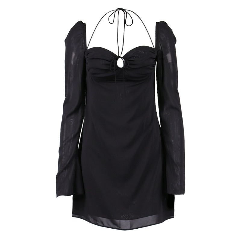 White Mesh Long Sleeve Ruched Bust Mini Dress | Women's Tie Front Bodycon Party Dress with Flare Cuffs