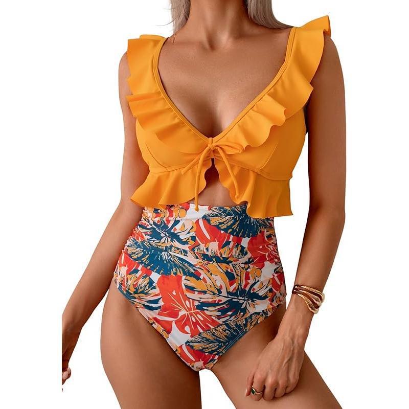 Teal Ruffle V-Neck Tie Front Cutout One Piece Swimsuit | High Waist Ruched Monokini | Women's Elegant Swimwear
